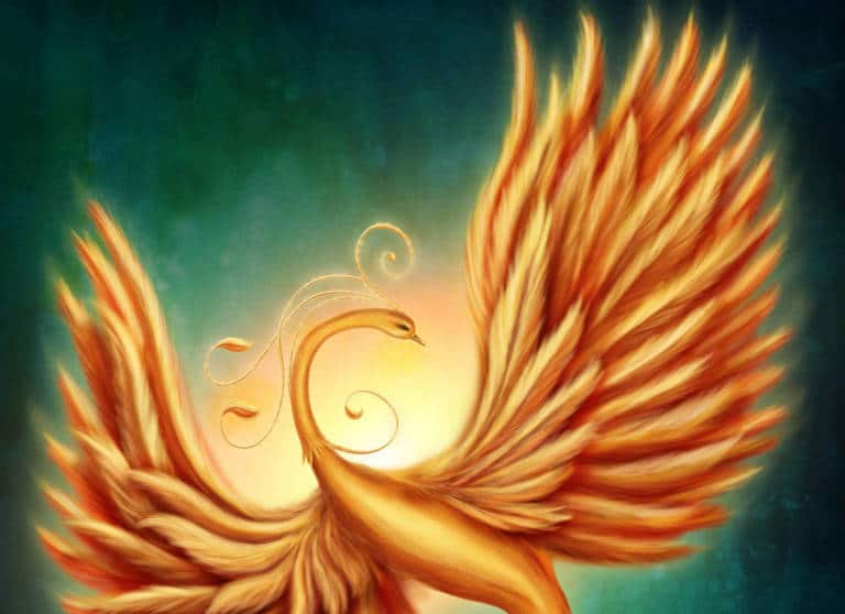 fine art illustration of a phoenix made of flames on a green background